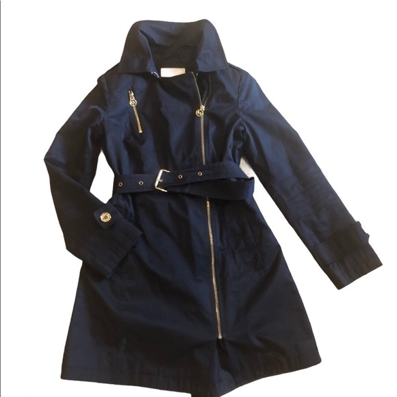 Michael Michael Kors Classic Belted Navy Mid Length Trench Coat Logo Zip Sz. S - Picture 1 of 8